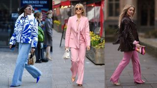 Street style influencers showing shoes to wear with wide-leg pants stilettos