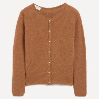 Flat lay of Sezane Gaspard cardigan in camel 