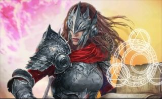 Dread Delusion Key art of armored woman gazing to left with magic glyphs to her right