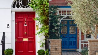 compilation image of two front doors, one red and one bright blue to show how to make your home look expensive from the outside on a budget
