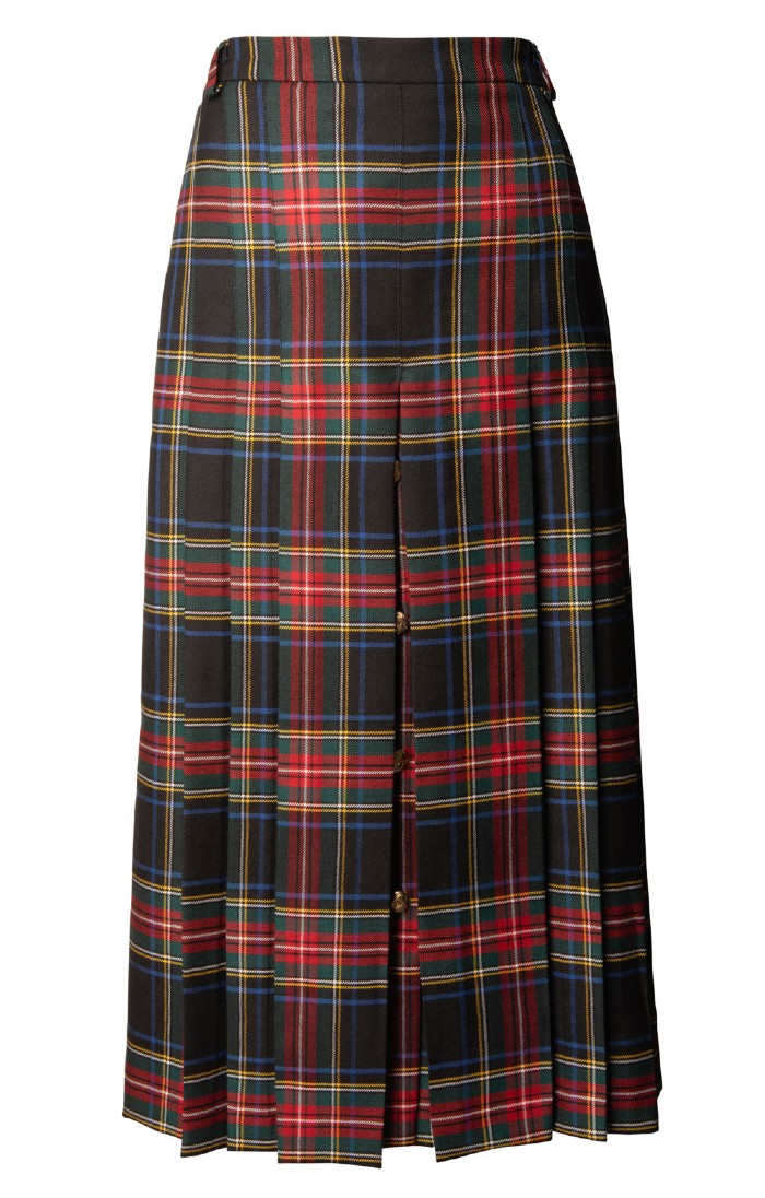 Ladies Gold Button Plaid Skirt Black Stewart
