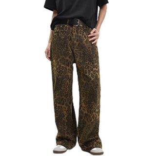 Leopard Jeans Unisex Casual Pants Jeans Leopard Print Hip Hop Wide Leg Straight with Pockets Button-Zipper Closure Soft Streetwear for Young High Waisted Jeans Women