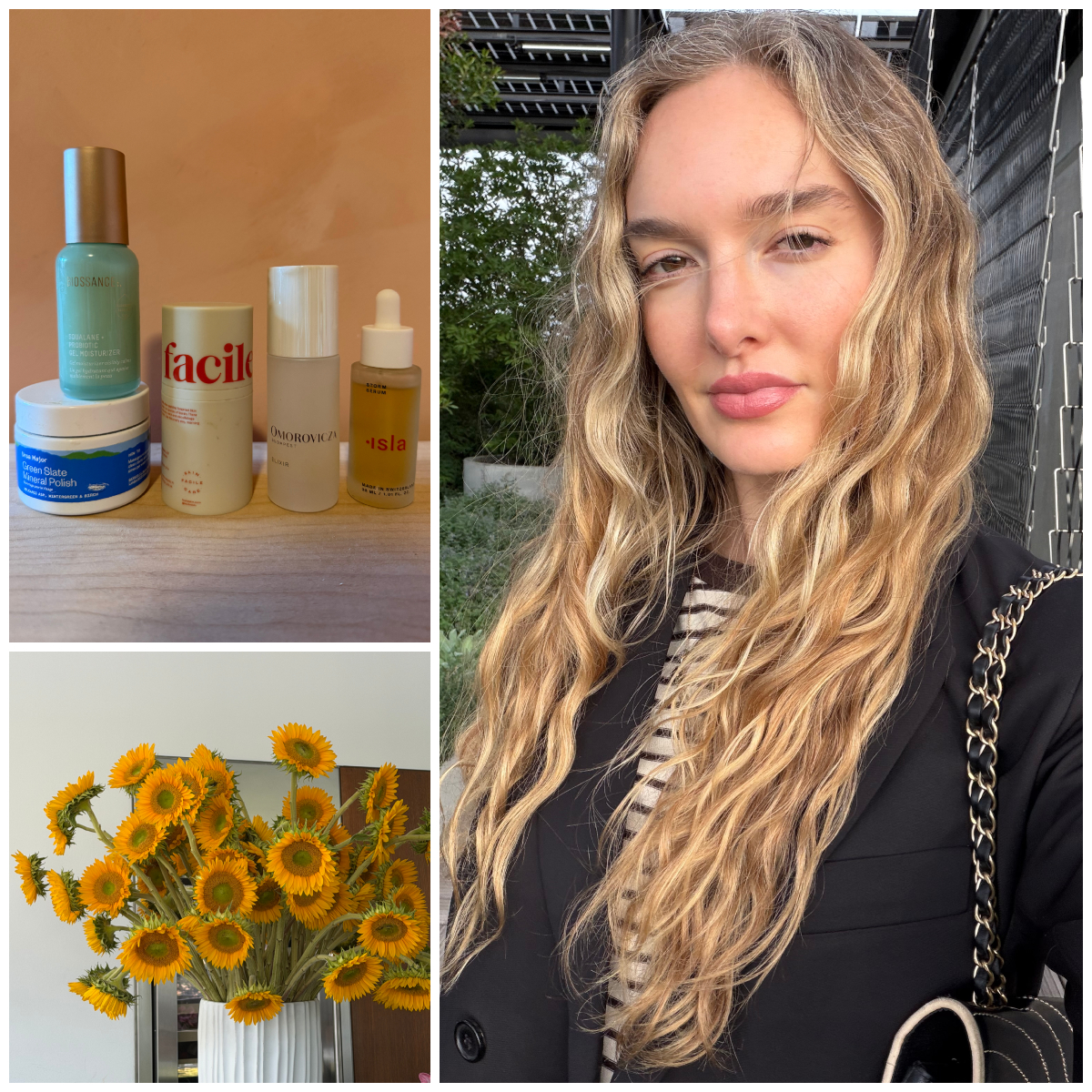 a woman outside with long blonde wavy hair next to yellow sunflowers and a bunch of skincare products