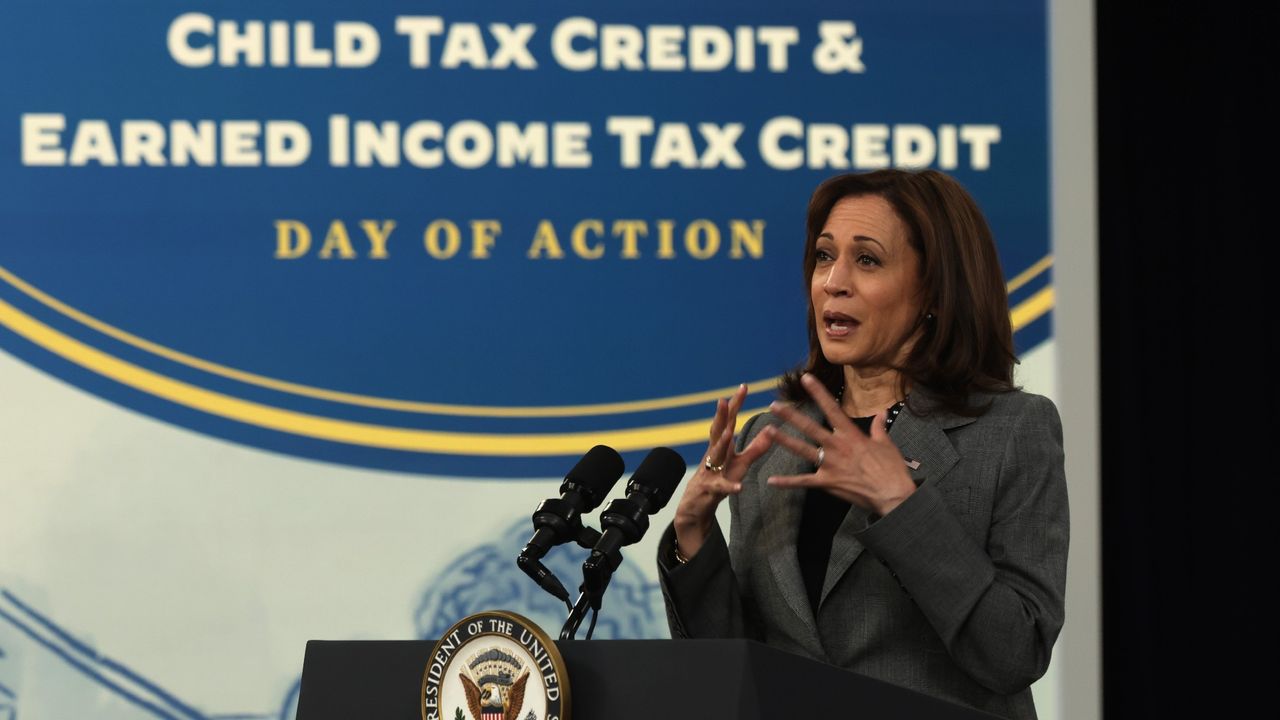 US Vice President Kamala Harris speaks during a Child Tax Credit/Earned Income Tax Credit Day of Action event at the South Court Auditorium at Eisenhower Executive Office Building on February 8, 2022 in Washington, DC