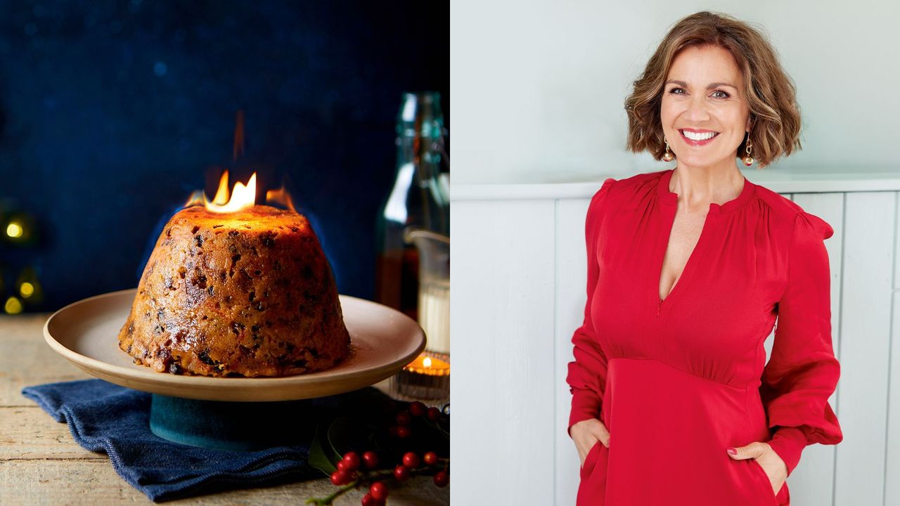 A composite of two photos - one of a Christmas pudding alight, the other of TV presenter Susanna Reid in a red dress