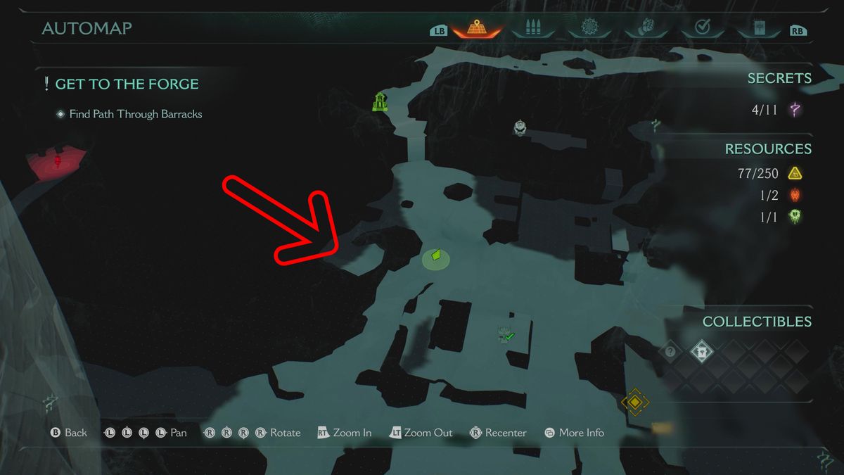 Doom: The Dark Ages Abyssal Forest secrets - A map pointing to the location of a hill where you can see a hanging statue.