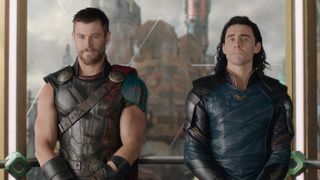 Thor and Loki ride an elevator in Thor: Ragnarok
