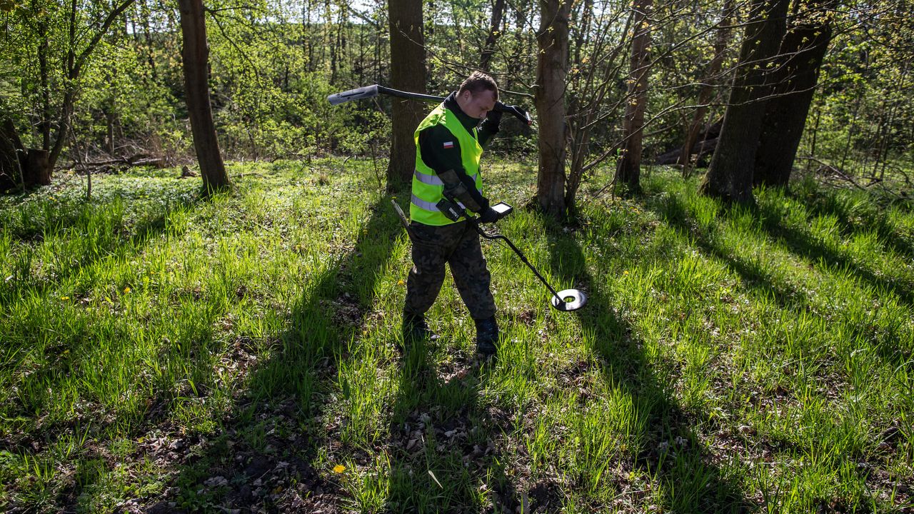 A researcher uses a metal detector to search for artifacts at the mass grave site.