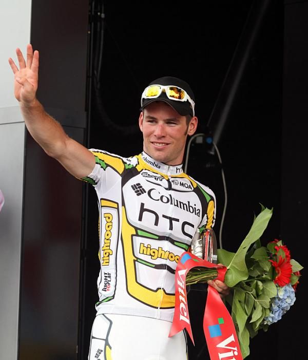 Mark Cavendish on the podium for his fourth stage win of the Tour.