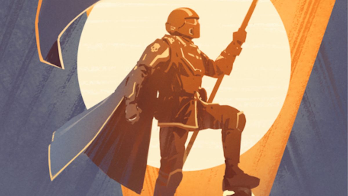 A poster of a soldier from Helldivers 2 holding a flag.