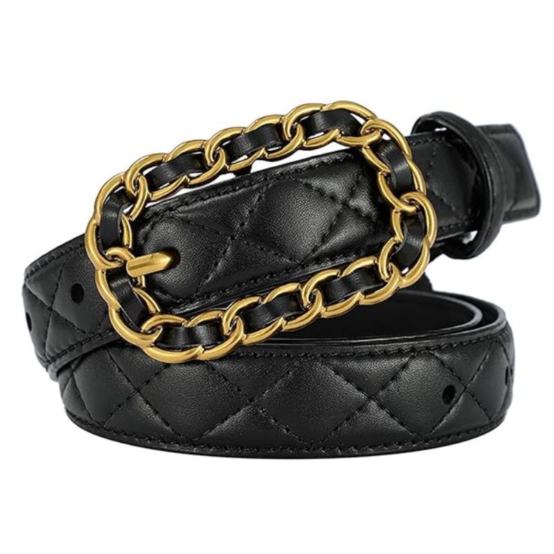 black quilted belt with chain buckle
