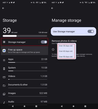 Storage manager on Android settings