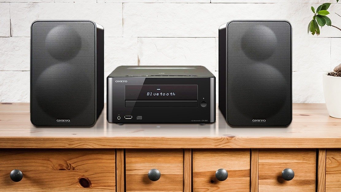 Onkyo Cs 265 Home Audio System in black on a cabinet