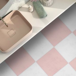 Peel and stick pink and white checkered floor tiles