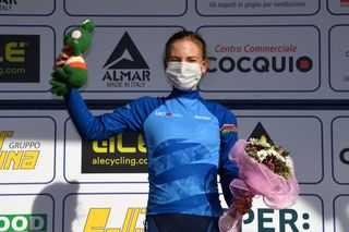 CITTIGLIO ITALY MARCH 21 Podium Sarah Gigante of Australia and Team TIBCO Silicon Valley Bank Blue UCI Womens WorldTour young jersey Celebration during the 45th Trofeo Alfredo BindaComune di Cittiglio 2021 Womens Elite a 1418km stage from Cocquio Trevisago to Cittiglio 257m Mask Covid safety measures Mascot Flowers TrBinda UCIWWT on March 21 2021 in Cittiglio Italy Photo by Tim de WaeleGetty Images