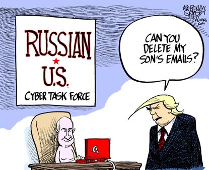 Political cartoon U.S. Trump Jr. Putin Russia investigation emails cybersecurity deal