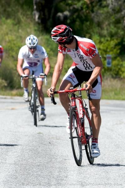 Ben Jacques Maynes (Bissell) verifies that he has a good lead on Philip Mooney (Yahoo) at the finish securing an all Bissell podium