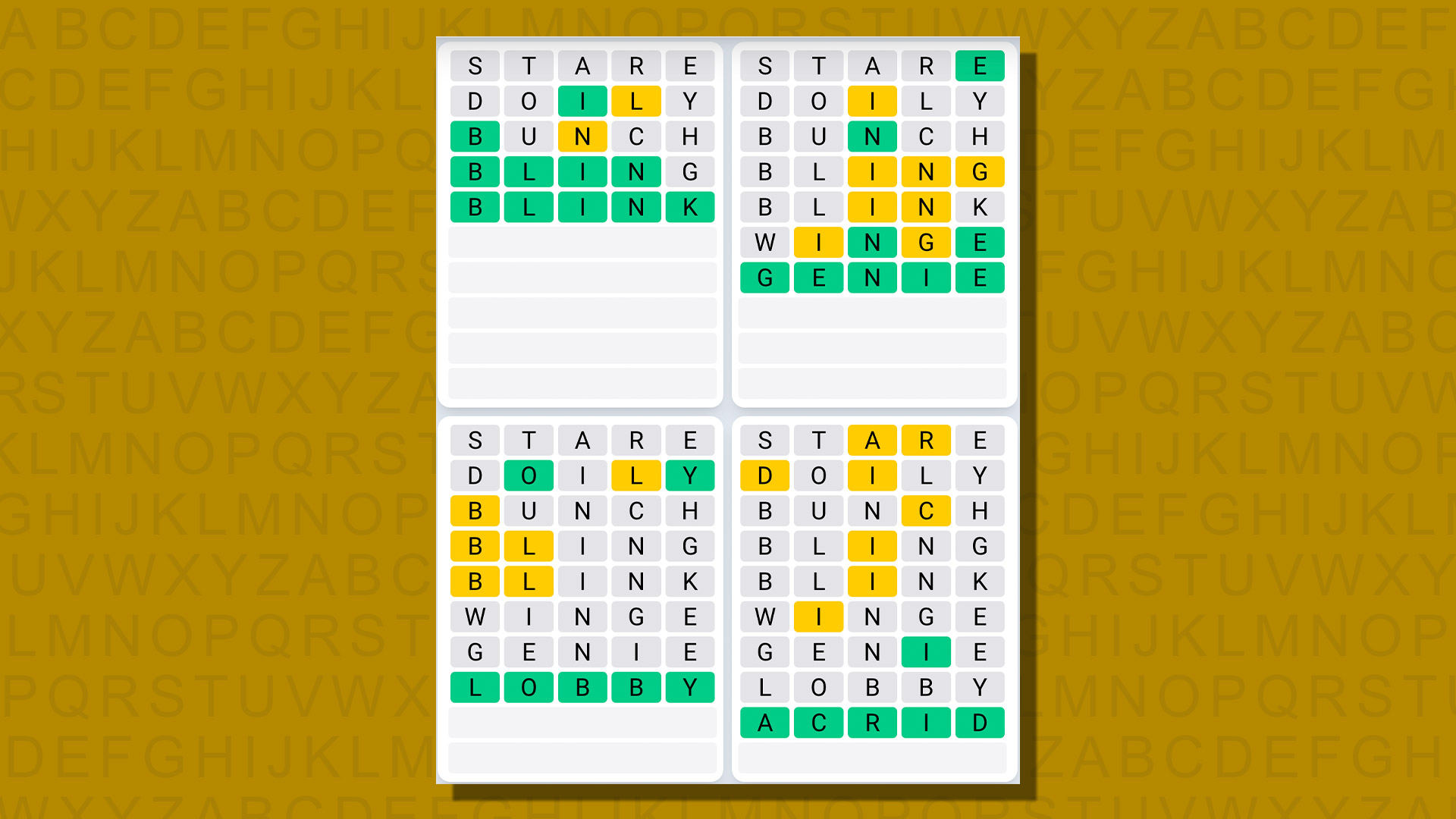 Ежедневная последовательность ответов Quordle для игры 746 на желтом фоне