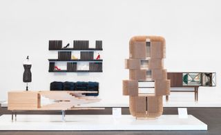 From left: 'Explosion' cabinet, 2014; 'Zipper Dress', 2003; 'Piano Shelves', 2001; 'Magistral' cabinet, 2011; and 'Kaleidoscope' cabinet, 2013