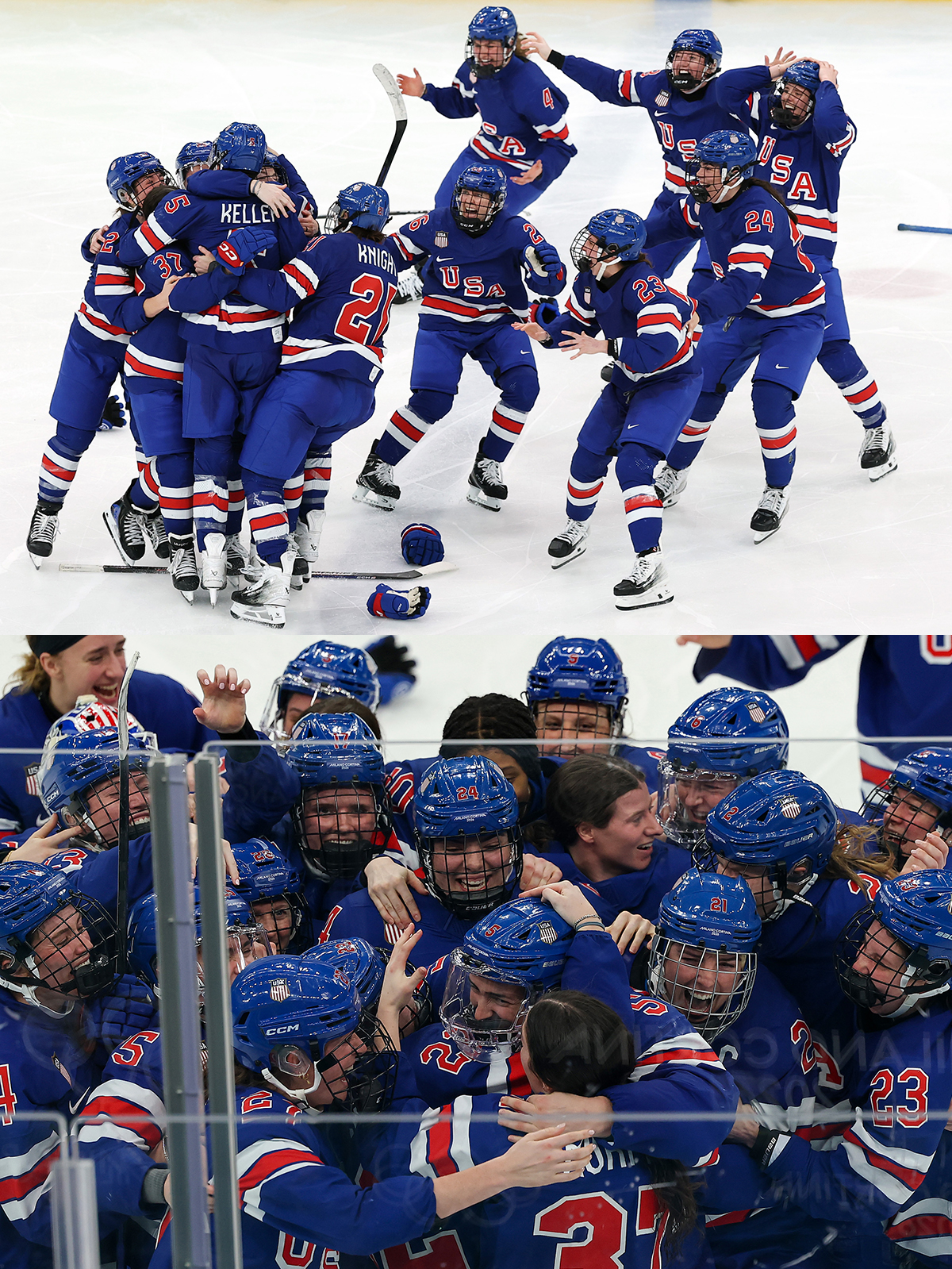 MILAN, ITALY - FEBRUARY 19: Team United States, celebrate winning the gold medal in overtime with a goal by Megan Keller #5 during the Women's Gold Medal match against Canada on day 13 of the Milano Cortina 2026 Winter Olympic games at Milano Santagiulia Ice Hockey Arena on February 19, 2026 in Milan, Italy.