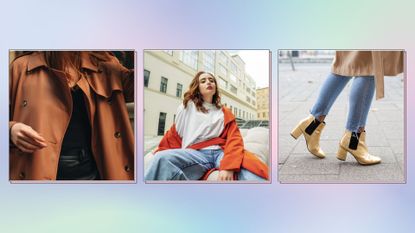 collage image of three street-style shots with women wearing stylish winter outfits featuring capsule wardrobe 2023 staples like a coat, a white T-shirt and jeans with boots on a pastel blue and pink background