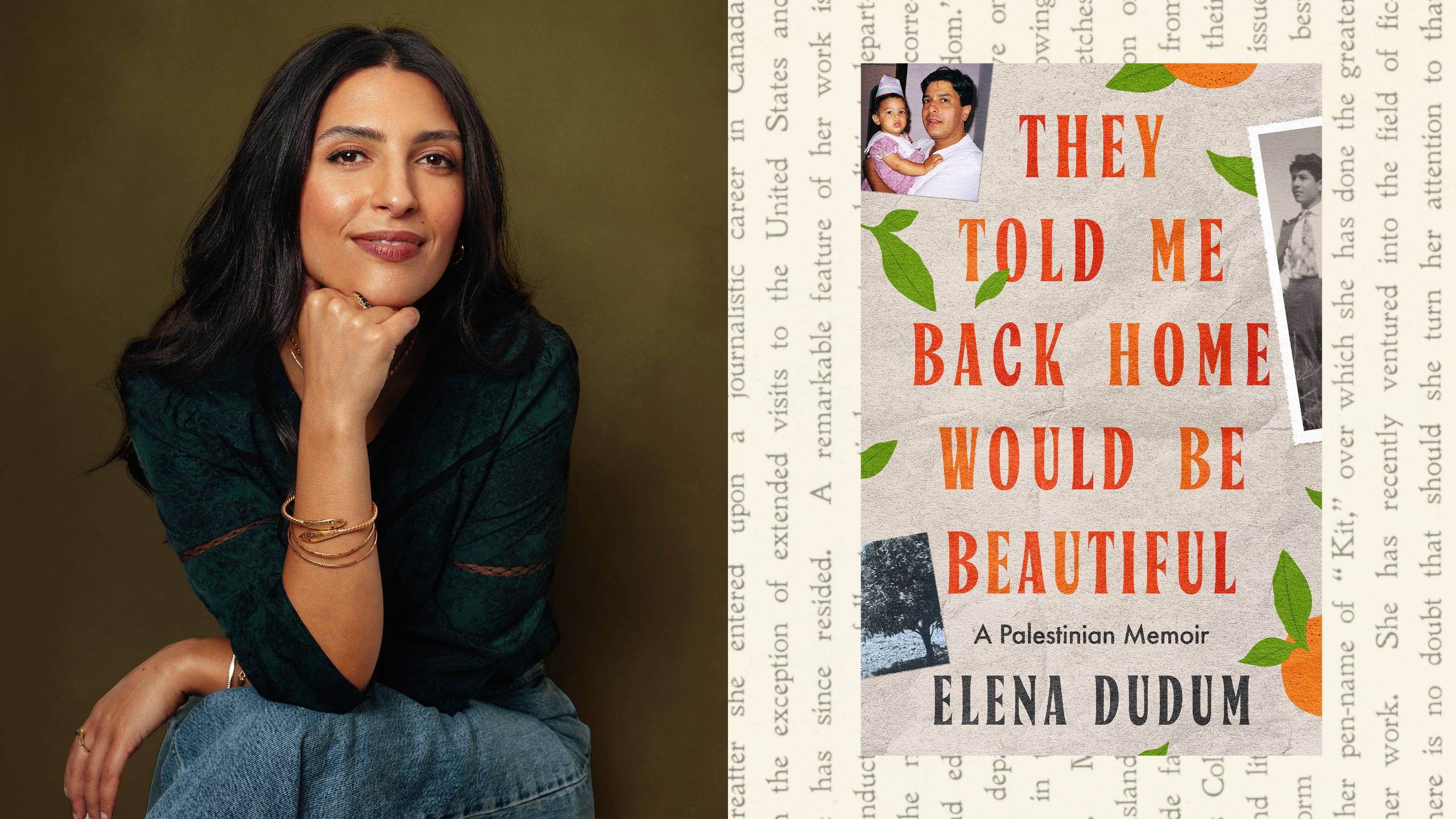 a split image of author elena dudum resting her head on her chin and the cover of her memoir they told me back home would be beautiful