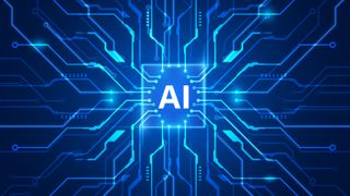 Stock photo with AI symbol in the center connected to a blue lit circuit.