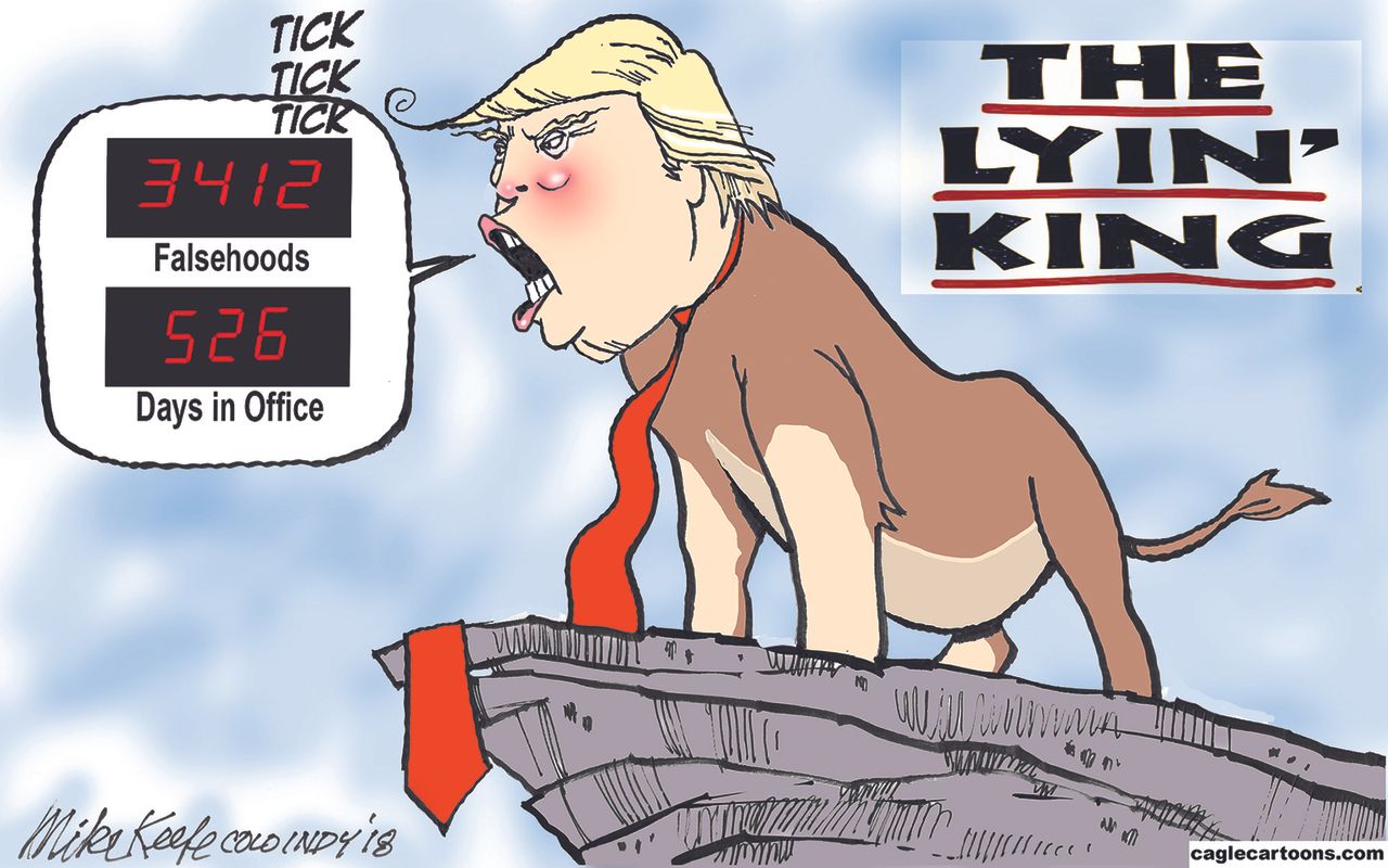 Political cartoon U.S. Trump lying Lion King falsehoods dishonesty