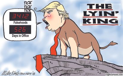 Political cartoon U.S. Trump lying Lion King falsehoods dishonesty
