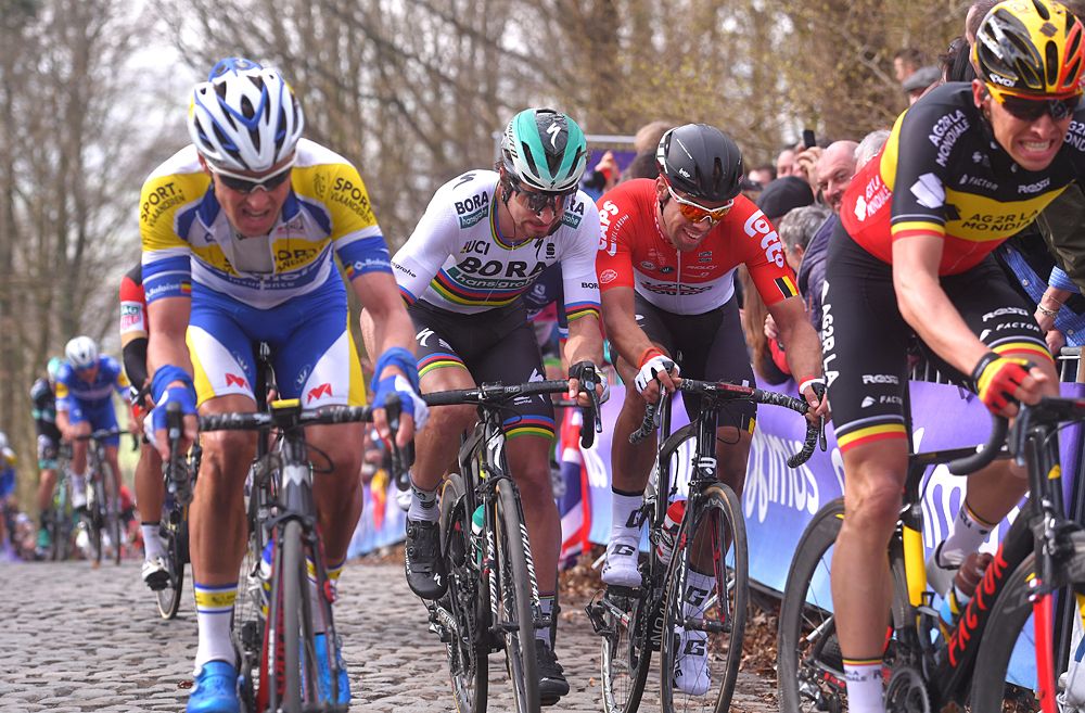 Peter Sagan (Bora-Hansgrohe) fighting over the cobbles at Gent-Wevelgem 2018