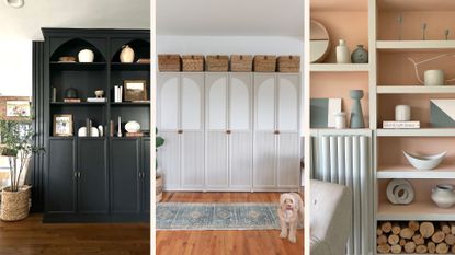 Compilation image showing three IKEA Billy bookcase hacks in living rooms and a mudroom