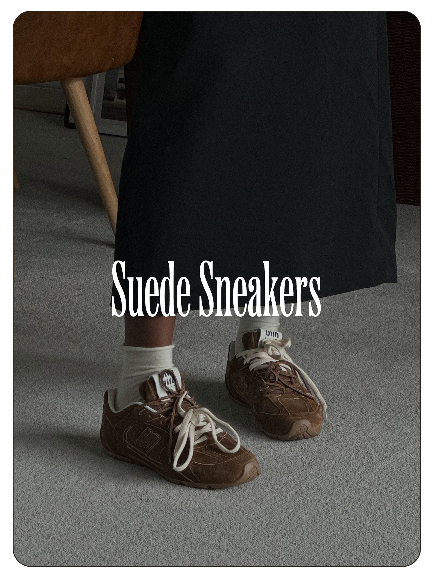 A photo of @nlmarilyn wearing brown Miu Miu suede sneakers.
