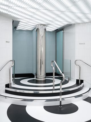 column and graphic black and white floor at UK House by Christ & Gantenbein