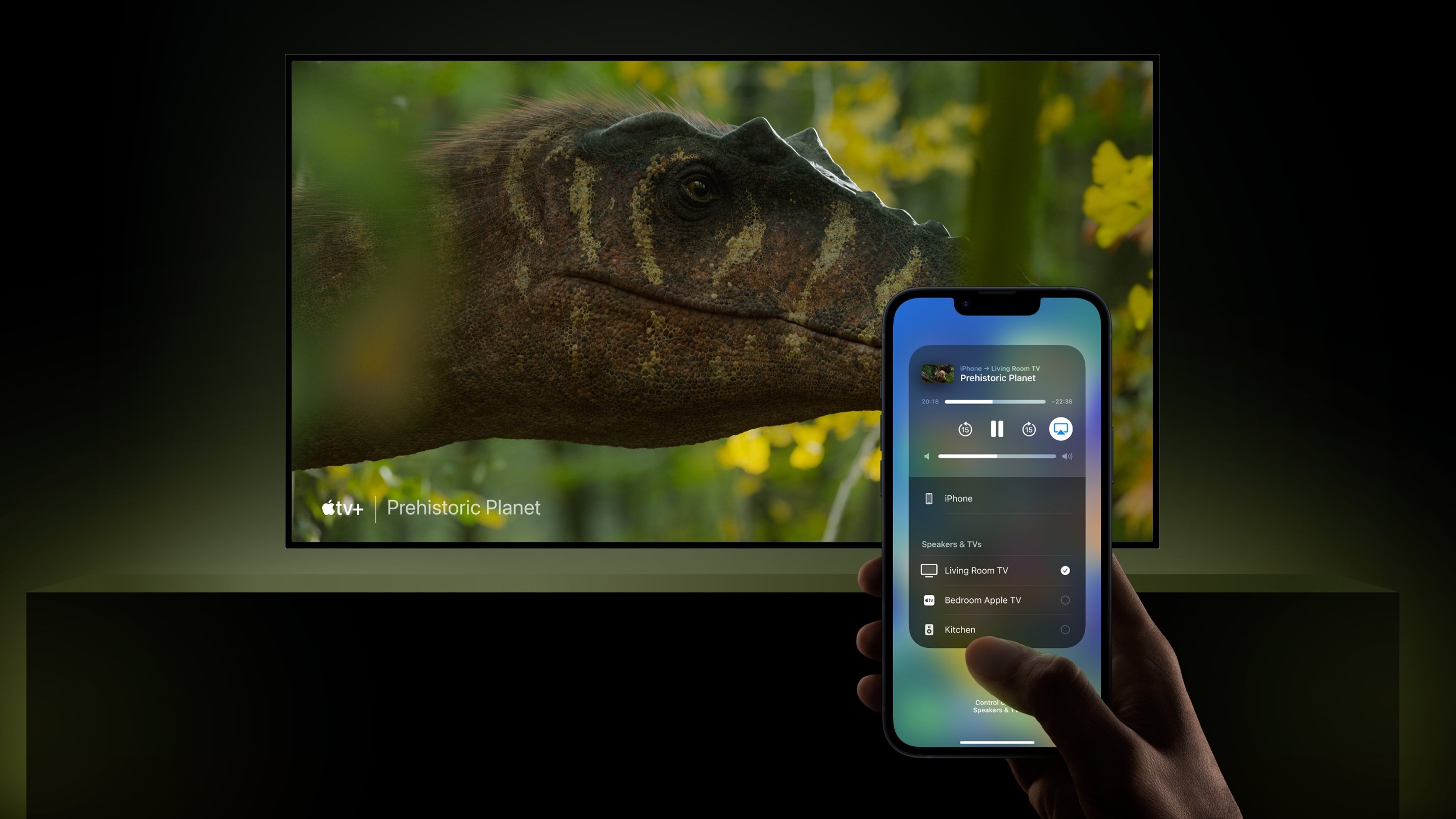 apple airplay showing prehistoric planet on a tv screen