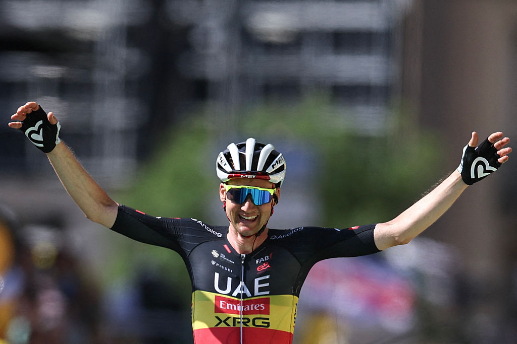 UAE Team Emirates - XRG team&#039;s Belgian rider Tim Wellens cycles to the finish line to win the 15th stage of the 112th edition of the Tour de France cycling race, 169.3 km between Muret and Carcassonne, southwestern France, on July 20, 2025. (Photo by Anne-Christine POUJOULAT / AFP)