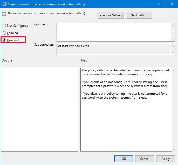 Disable require password after sleep on battery