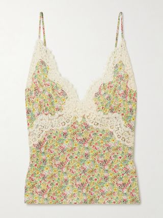 Neria Corded Lace-Trimmed Floral-Print Silk-Satin Camisole