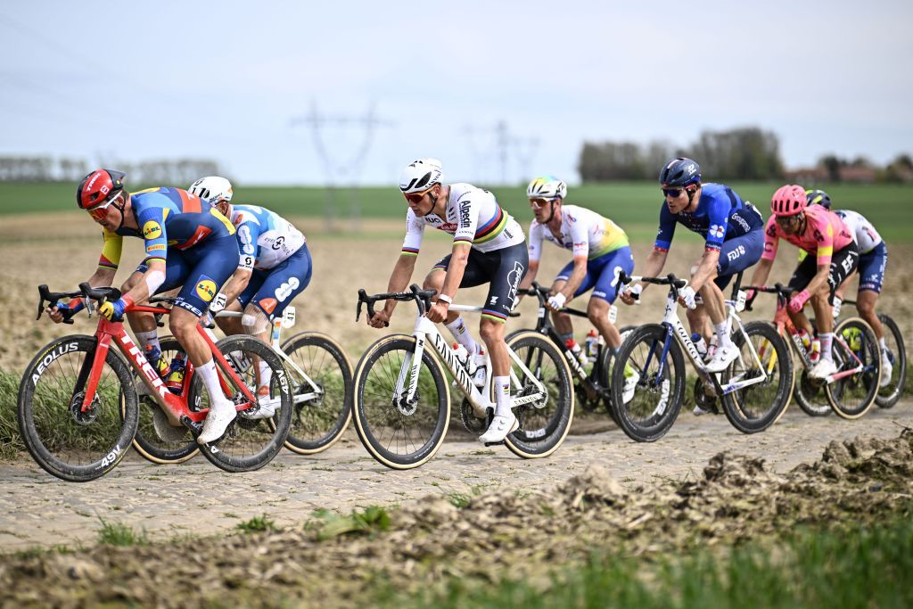 Dutch Mathieu van der Poel of Alpecin-Deceuninck pictured in action during the men's elite race of the 'Paris-Roubaix' cycling event, 260,0km from Compiegne to Roubaix, France on Sunday 07 April 2024. BELGA PHOTO JASPER JACOBS (Photo by JASPER JACOBS / BELGA MAG / Belga via AFP)