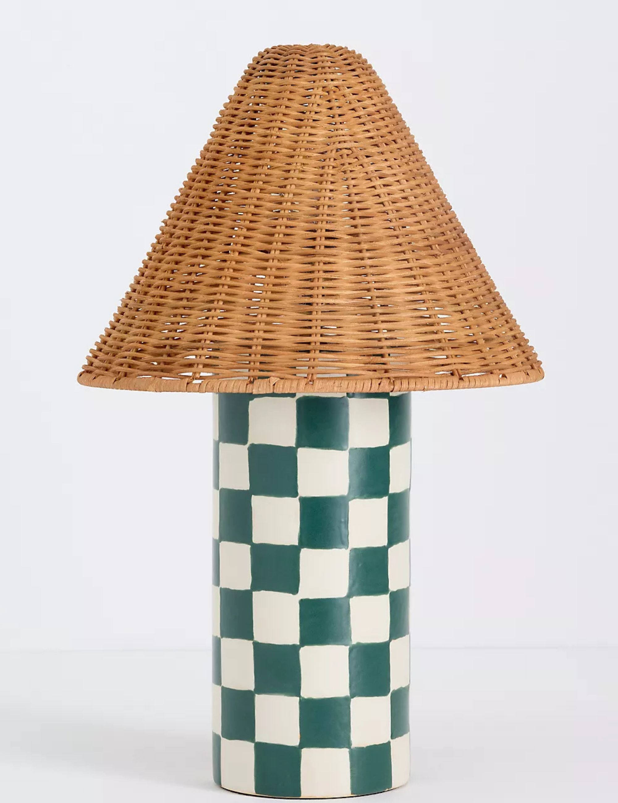 Rattan table lamp with checked green and white base