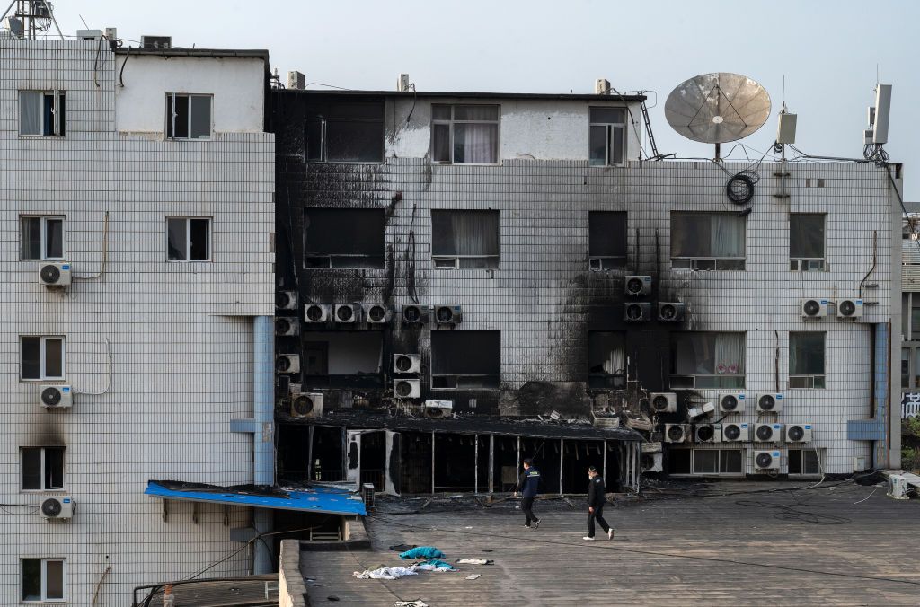 remnants of fire at the Changfeng Hospital in Beijing 