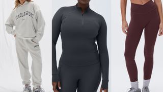 A selection of clothing from Adanola, one of the best British sportswear brands, including a zip-up top, joggers, and leggings