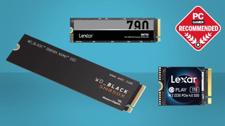 A collage of M.2 SSDs from Lexar and Western Digital against a gradient blue background, with a PC Gamer Recommended logo in the corner