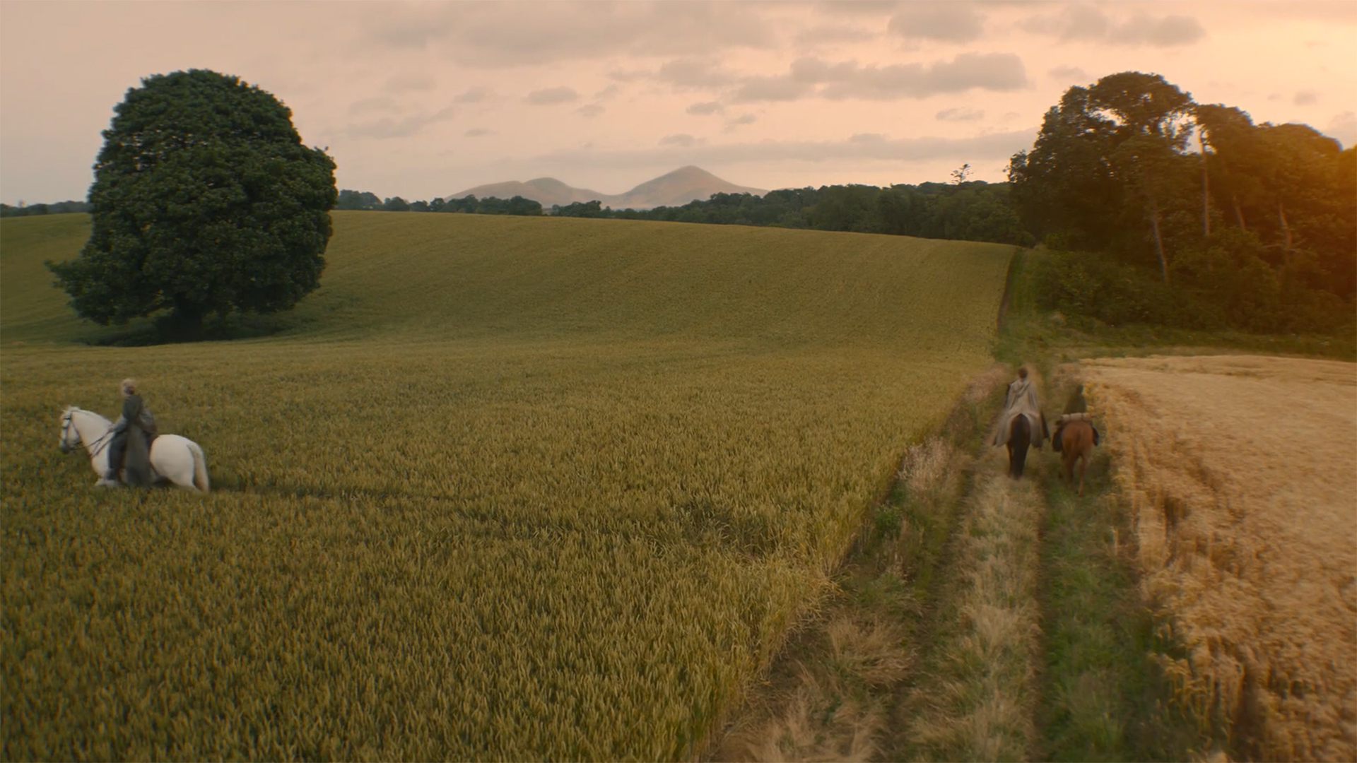 Ser Arlan riding left while Dunk and Egg proceed forward in A Knight of the Seven Kingdoms episode 6's penultimate scene