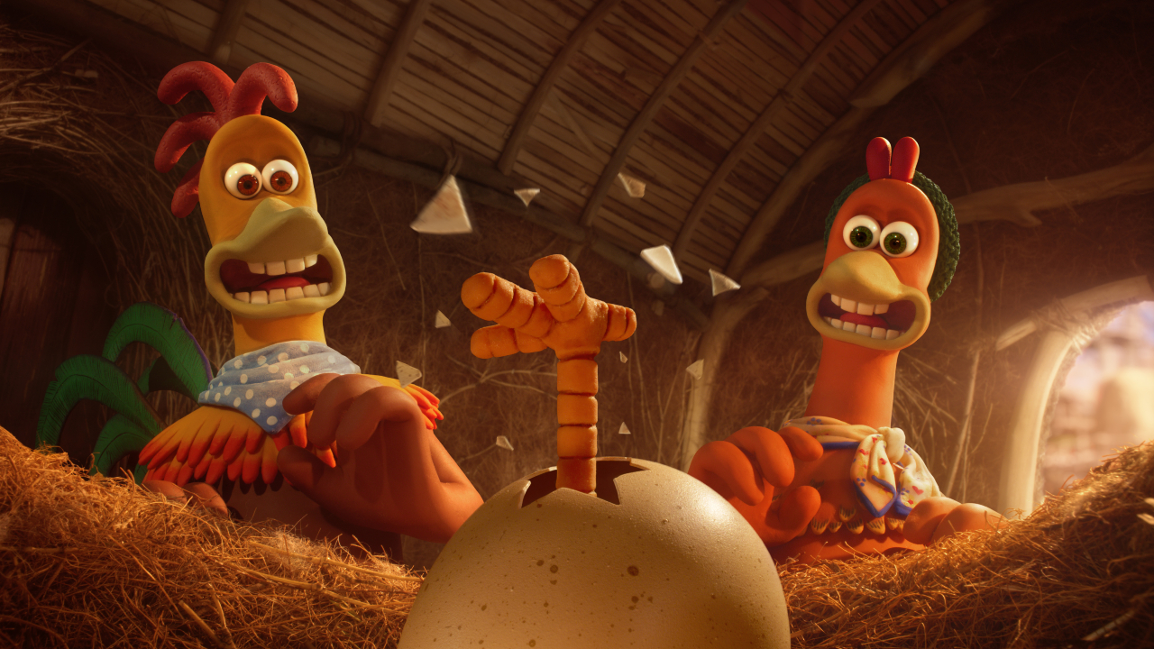 Rocky and Ginger watch an egg hatch into a surprise in Chicken Run: Dawn of the Nugget.