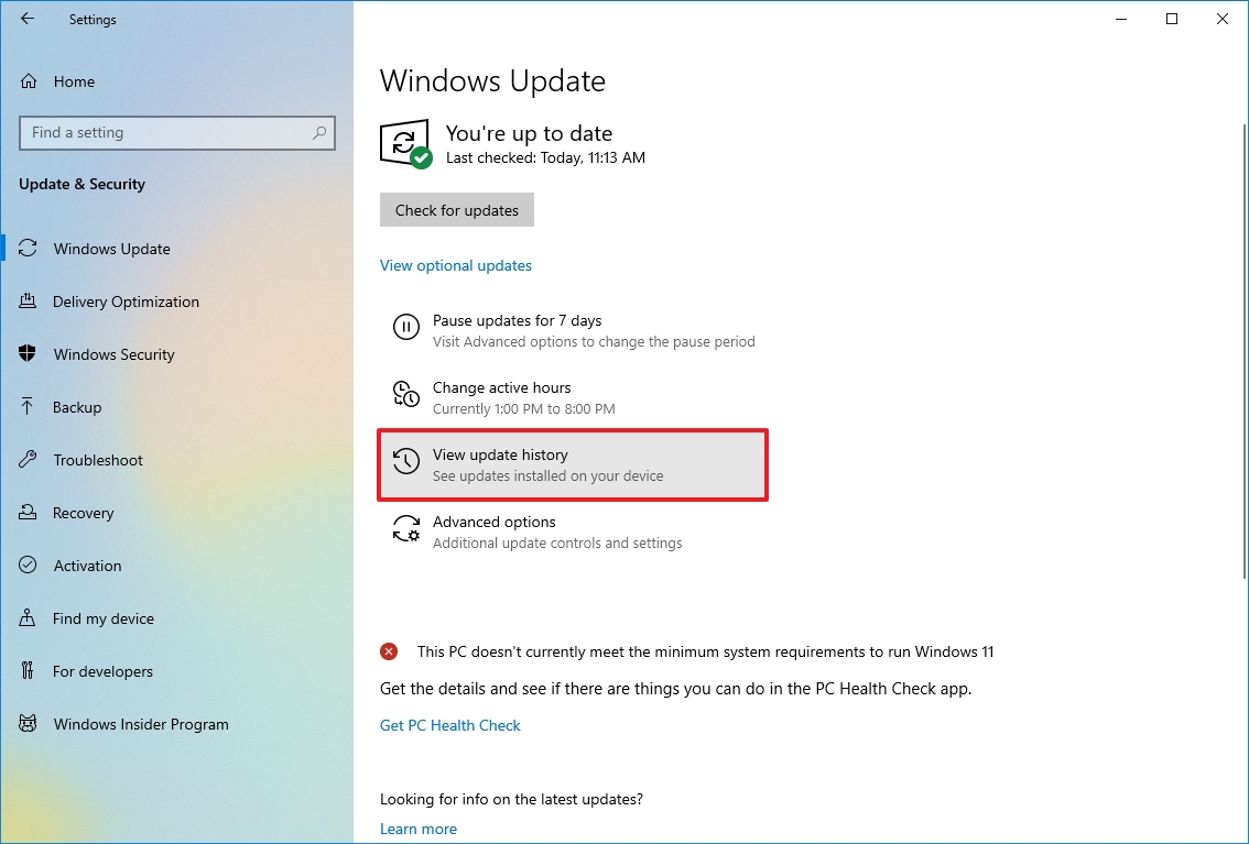 Windows 10 view update history