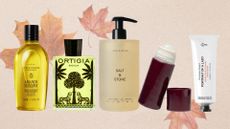 A collage of our Beauty team's autumn body care buys including products from L'Occitante, Oritigia, Salt & Stone, Estrid and Frederic Malle in a line, on a beige background with an autumn leaf overlay