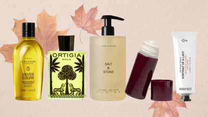 A collage of our Beauty team's autumn body care buys including products from L'Occitante, Oritigia, Salt & Stone, Estrid and Frederic Malle in a line, on a beige background with an autumn leaf overlay