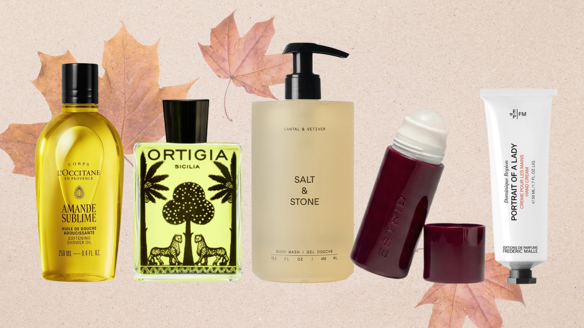 A collage of our Beauty team's autumn body care buys including products from L'Occitante, Oritigia, Salt &amp; Stone, Estrid and Frederic Malle in a line, on a beige background with an autumn leaf overlay