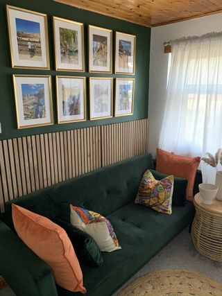 After shot of second room transformation with wooden slats green sofa and orange accessories