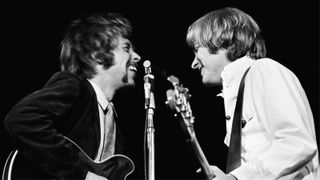 Moby Grape (L-R Alexander "Skip" Spence, Bob Mosley) perform on stage at the Monterey Pop Festival on June 17 1967 in Monterey, California.